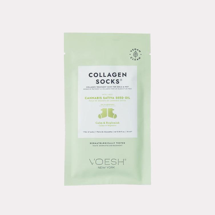 Collagen Socks with cannabis sativa seed oil package on gray background